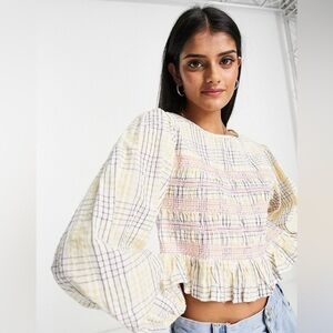 ASOS DESIGN long sleeve smock top with shirred detail in pastel check
